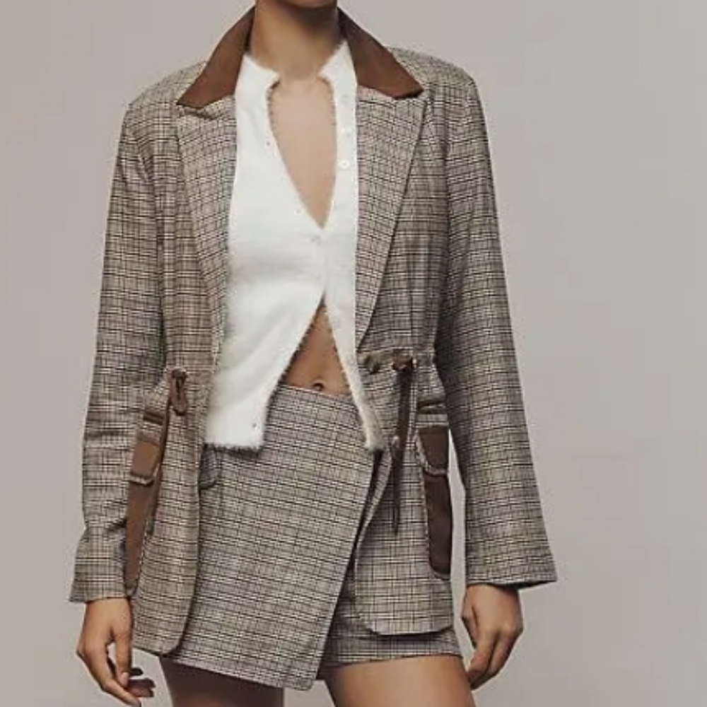 Anthropologie Maeve Brown Plaid Cinch Waist Utility Blazer, Size M, Retail $178